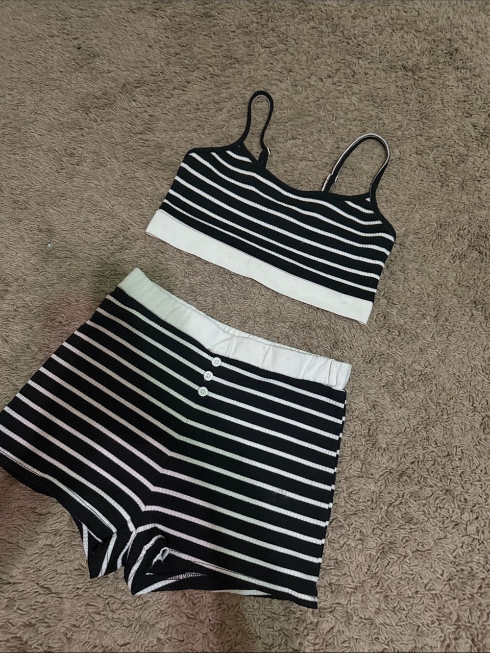 SHEIN Black & White Striped Knit Bralette and Shorts Set